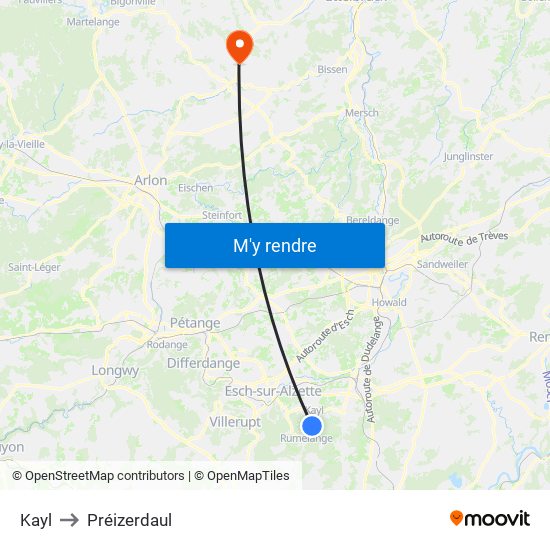 Kayl to Préizerdaul map
