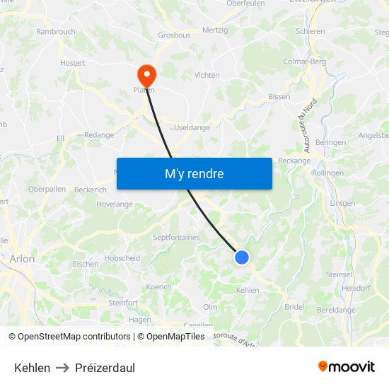 Kehlen to Préizerdaul map