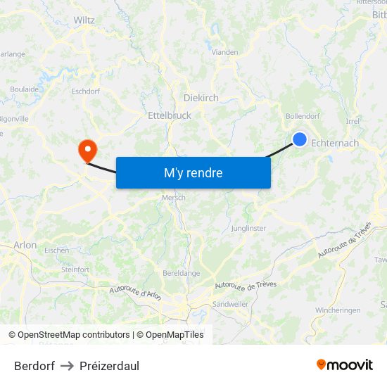 Berdorf to Préizerdaul map