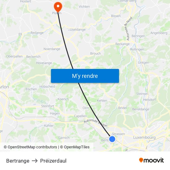 Bertrange to Préizerdaul map