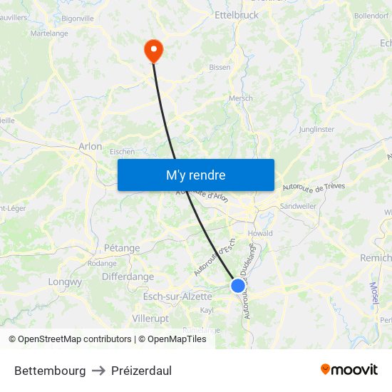 Bettembourg to Préizerdaul map