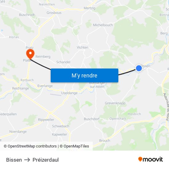 Bissen to Préizerdaul map