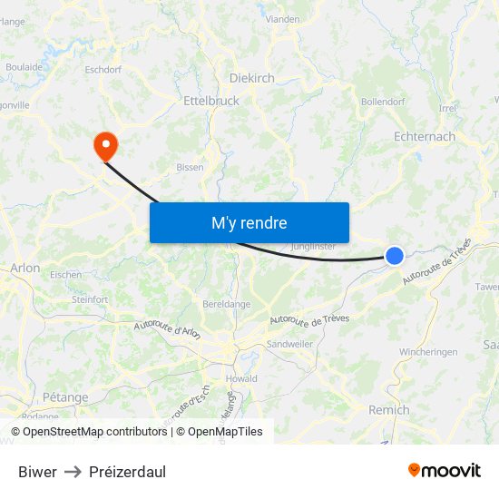 Biwer to Préizerdaul map