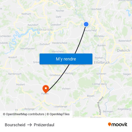 Bourscheid to Préizerdaul map