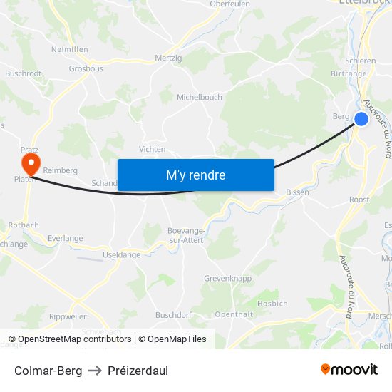 Colmar-Berg to Préizerdaul map