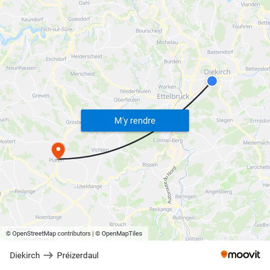 Diekirch to Préizerdaul map