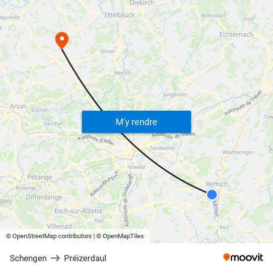 Schengen to Préizerdaul map