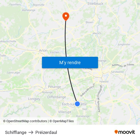 Schifflange to Préizerdaul map