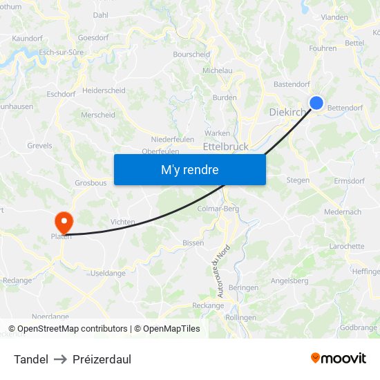 Tandel to Préizerdaul map