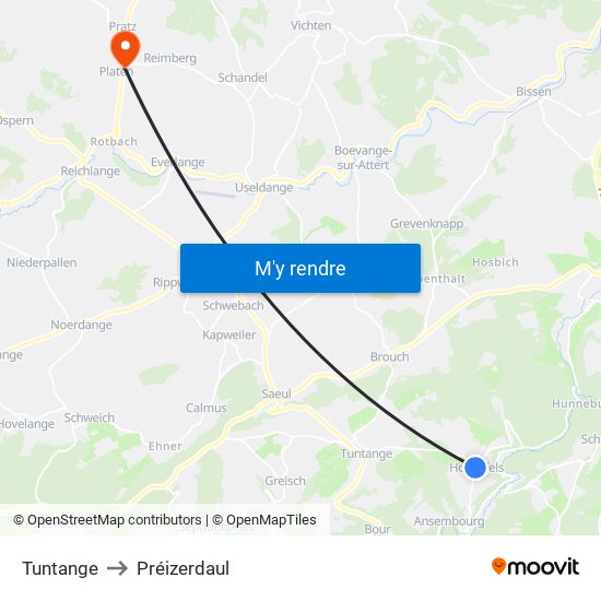 Tuntange to Préizerdaul map