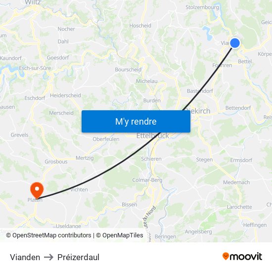 Vianden to Préizerdaul map
