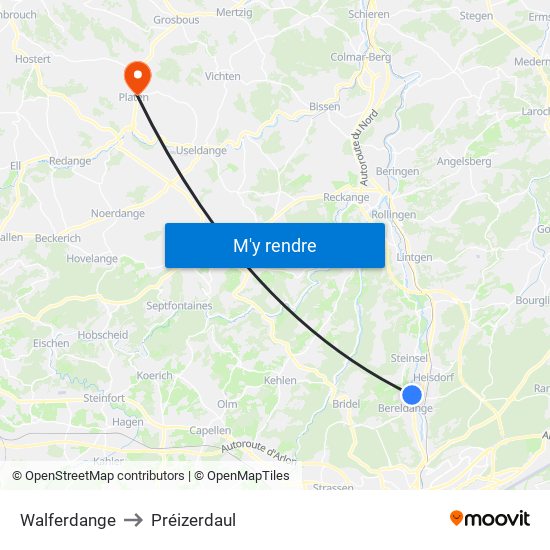 Walferdange to Préizerdaul map