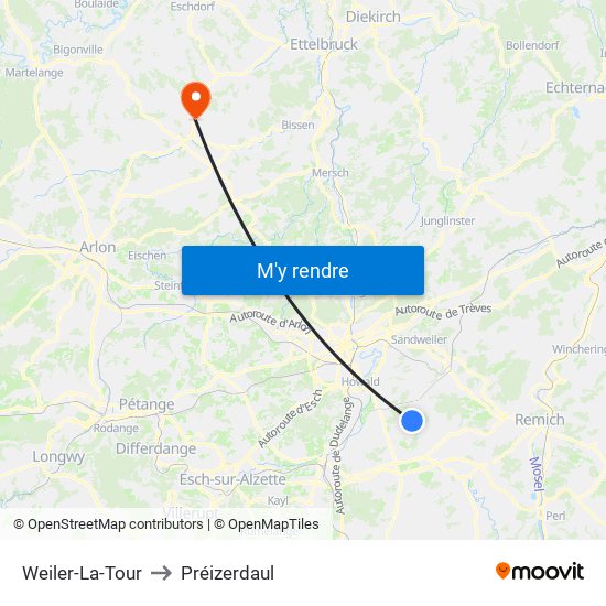 Weiler-La-Tour to Préizerdaul map