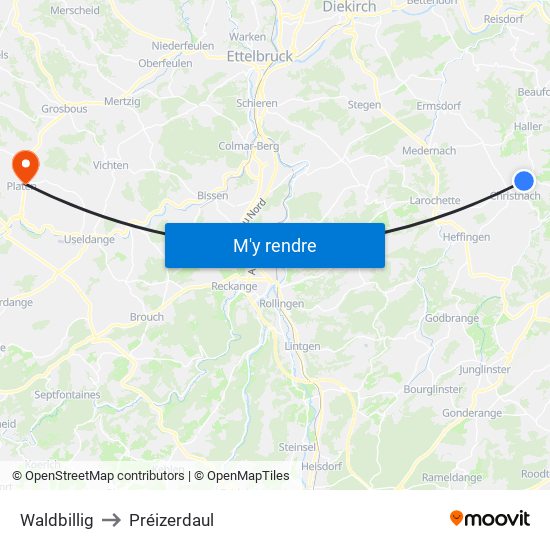 Waldbillig to Préizerdaul map