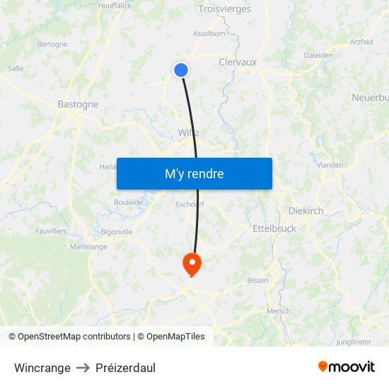 Wincrange to Préizerdaul map