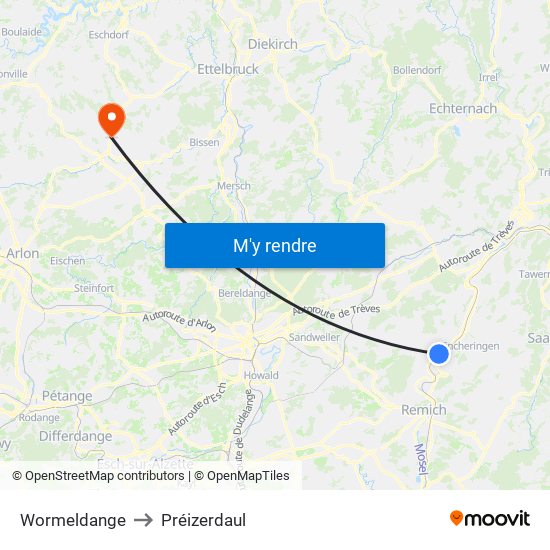 Wormeldange to Préizerdaul map