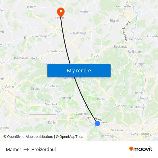Mamer to Préizerdaul map