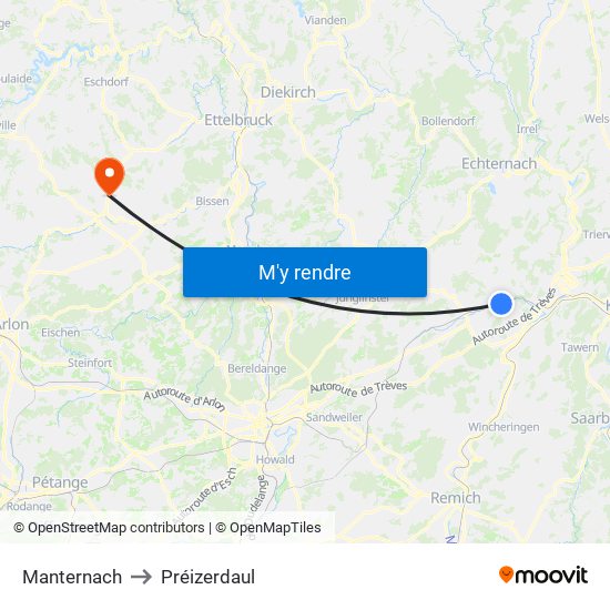Manternach to Préizerdaul map