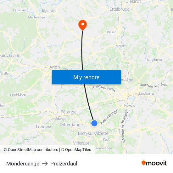 Mondercange to Préizerdaul map