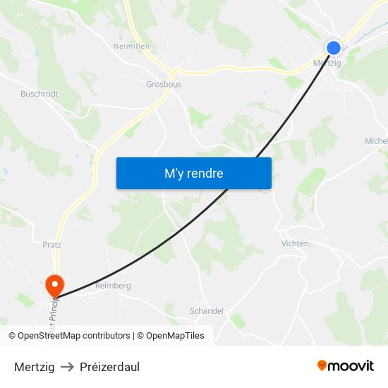 Mertzig to Préizerdaul map