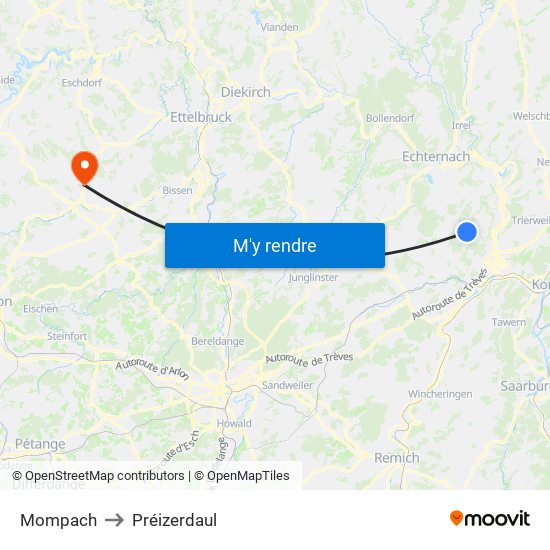 Mompach to Préizerdaul map