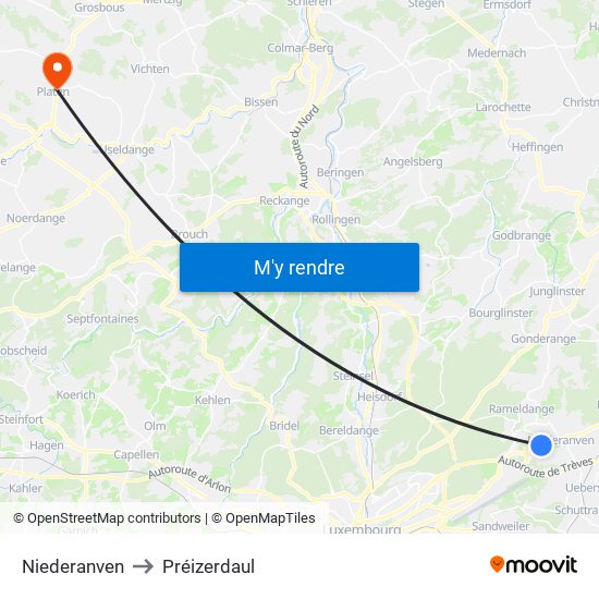 Niederanven to Préizerdaul map