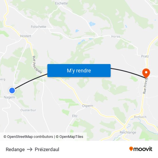 Redange to Préizerdaul map