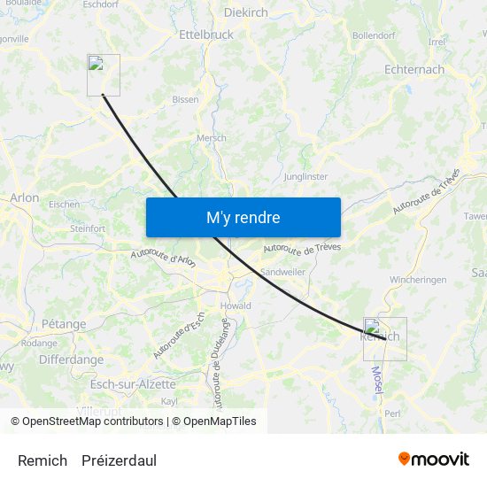 Remich to Préizerdaul map