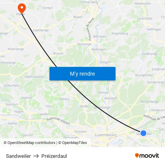 Sandweiler to Préizerdaul map