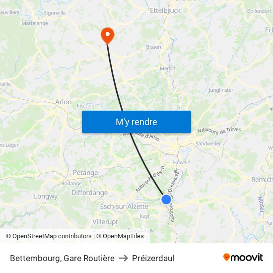 Bettembourg, Gare Routière to Préizerdaul map