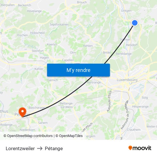 Lorentzweiler to Pétange map