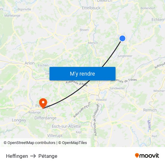 Heffingen to Pétange map