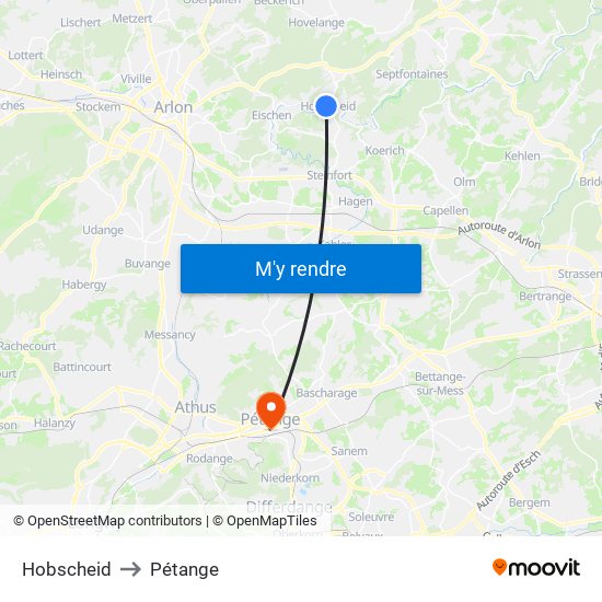 Hobscheid to Pétange map