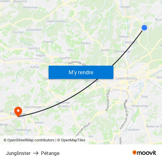 Junglinster to Pétange map