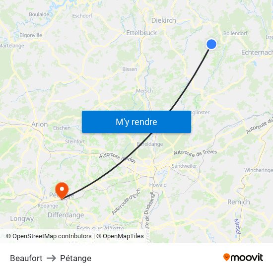 Beaufort to Pétange map