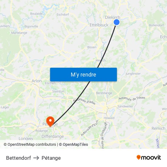 Bettendorf to Pétange map