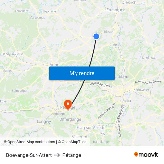 Boevange-Sur-Attert to Pétange map