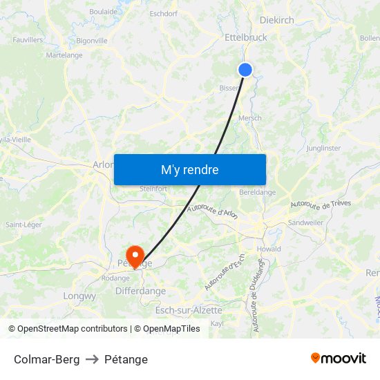 Colmar-Berg to Pétange map