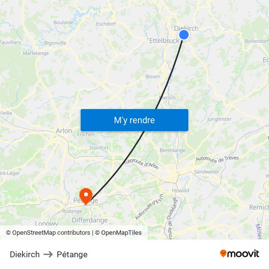 Diekirch to Pétange map
