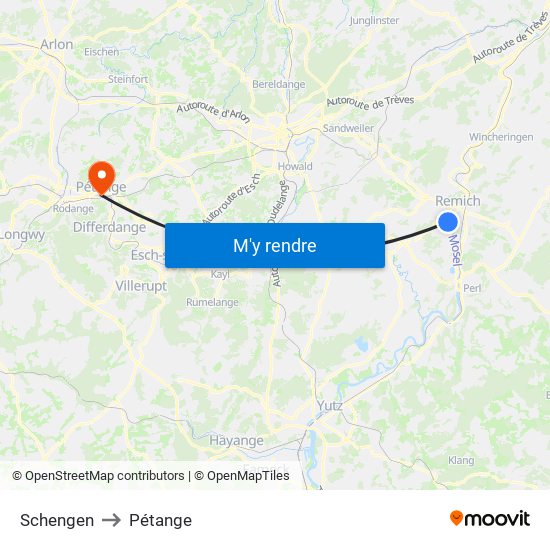 Schengen to Pétange map