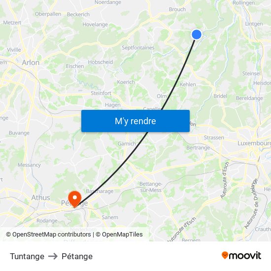 Tuntange to Pétange map