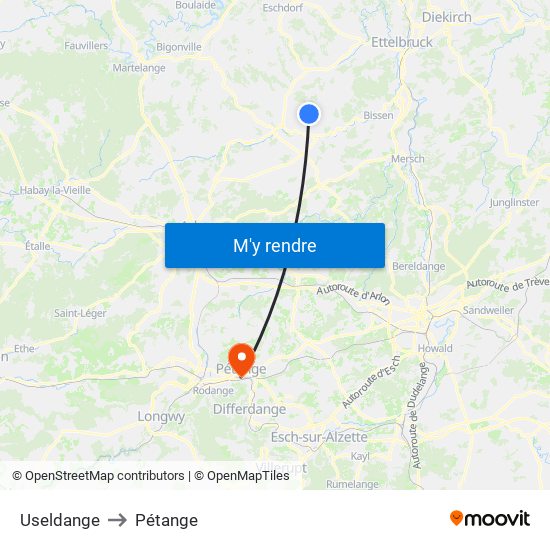 Useldange to Pétange map