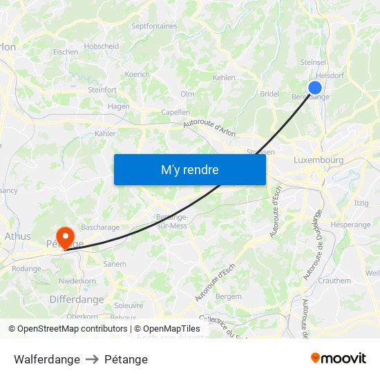 Walferdange to Pétange map