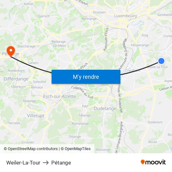 Weiler-La-Tour to Pétange map