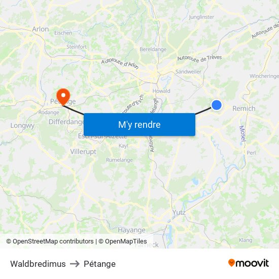 Waldbredimus to Pétange map