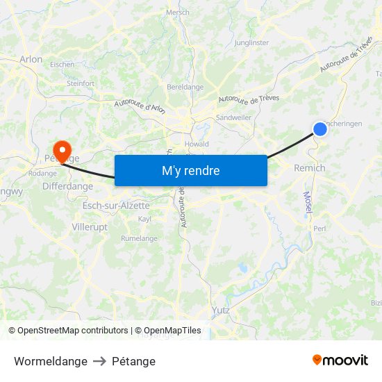 Wormeldange to Pétange map