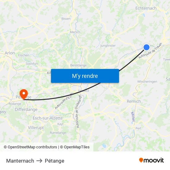 Manternach to Pétange map