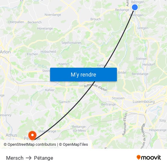 Mersch to Pétange map
