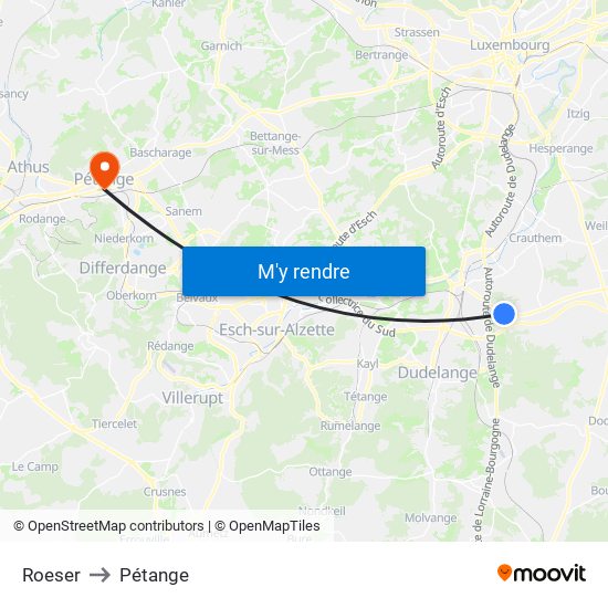 Roeser to Pétange map