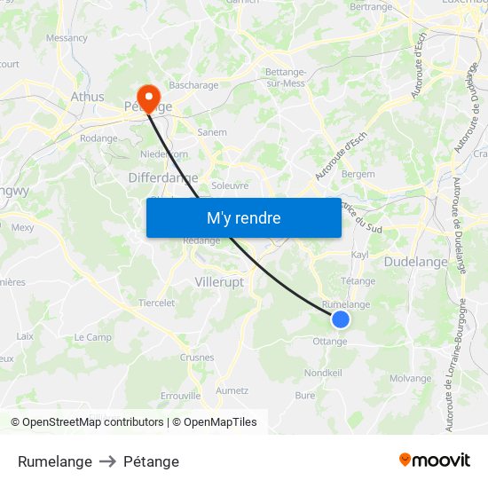 Rumelange to Pétange map